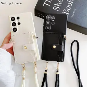Luxury Wallet Strap Protective Case for Samsung Galaxy A16 A37 A36 A17 A56 A55 A57 S25 Edge S24 S26Ultra Crossbody Lanyard PU Leather Cover