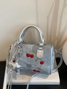 New Retro Denim Cherry Embroidery Crossbody Bag, Sweet Cool Girl Style Mini Boston Bag, Versatile Shoulder Bag, Dual Color Options, Zipper Shoulder Bag