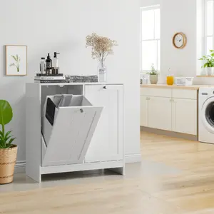 25.98*12.99*26.81 Inch MDF Laundry Cabinet with 2 Removable Fabric Baskets Double Carry Handles Anti-Tip Design Sturdy Structure Portable Sorting Storage Organizer Easy Assembly for Bathroom Laundry Room Balcony