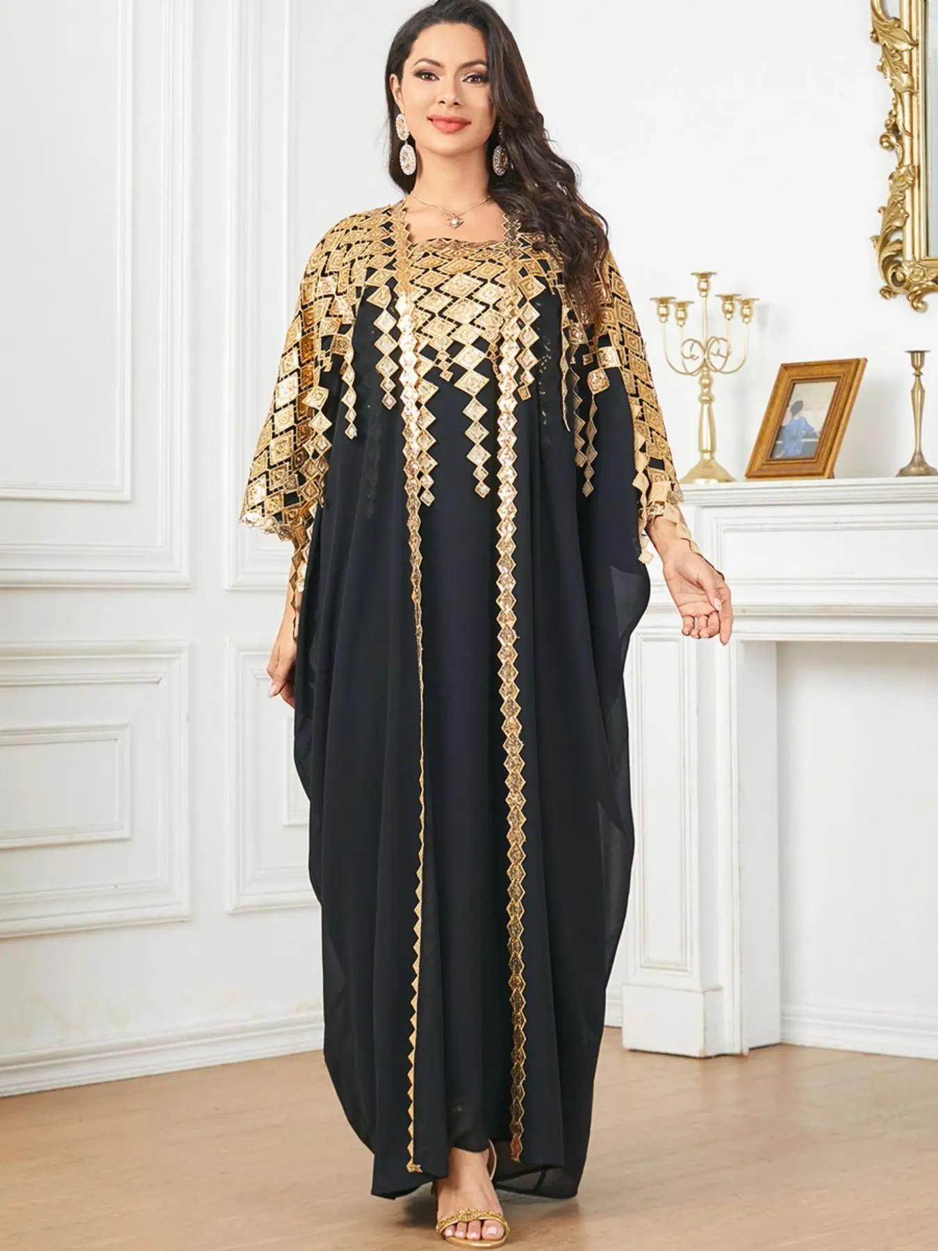 Arabic Clothing-Geometric Embroidery Contrast Sequin Islamic Set, Elegant Batwing Sleeve Abaya & Square Neck Dress Set, Women's Islamic Clothing