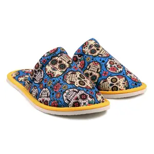 Chochili Men Mexican Skull Home Slippers Blue White Lightweight Silent Walk Size 8 to 10