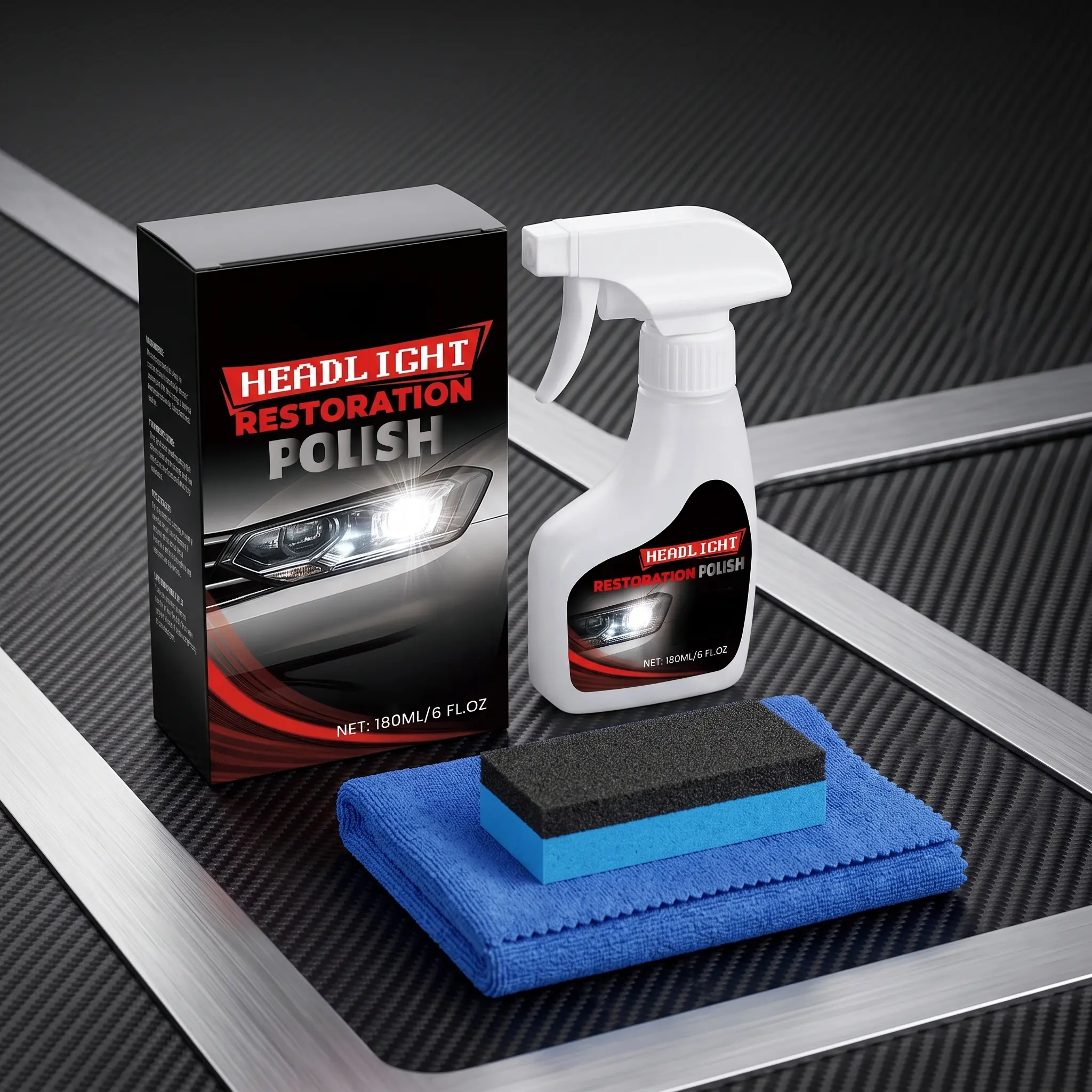 Car Headlight Restoration Polish Kit - 180ml Spray with Towel & Sponge, Car Maintenance, Beauty,Renovation,Decor,Essentials