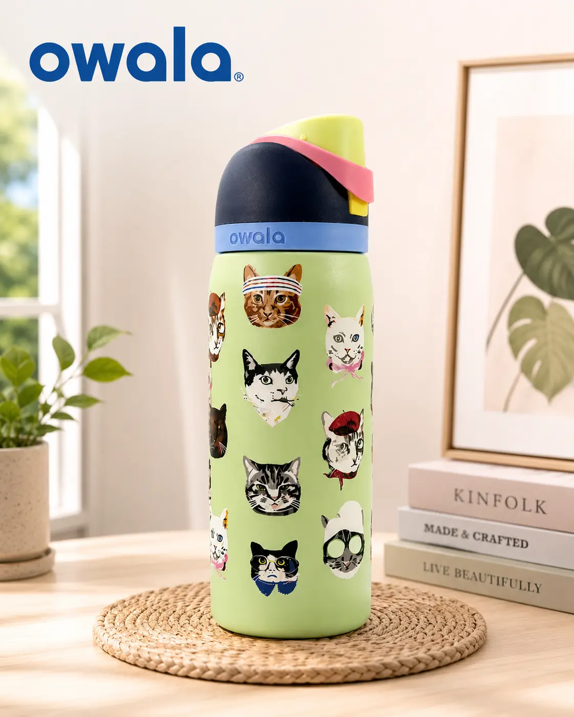 Owala UO Exclusive Cat Collage FreeSip 32 oz Green Water Bottle Limited New In Box