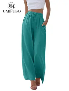 UMIPUBO Shop Womens Linen Pants Casual Wide Leg Pants Summer Palazzo Pants Loose Flowy Beach Pants Drawstring Elastic Trousers Womenswear Womenswear