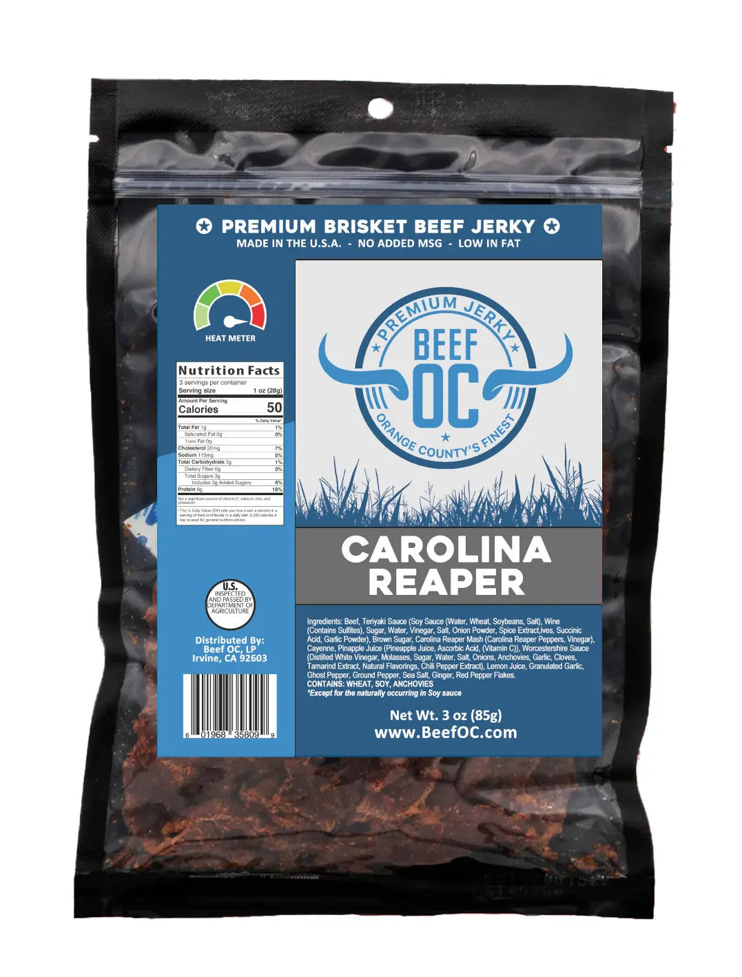 Carolina Reaper Beef Jerky - Beef OC Premium Brisket Jerky 3oz