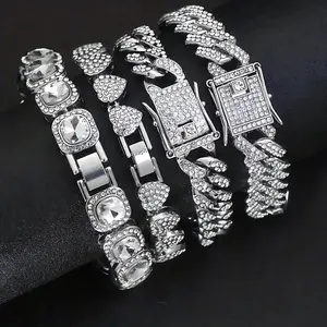 4PCS Miami Cuban & Tennis Chain Bracelet Set – Icy Rhinestone Jewelry for Men & Women, Hip-Hop Bling, Party & Streetwear Accessory