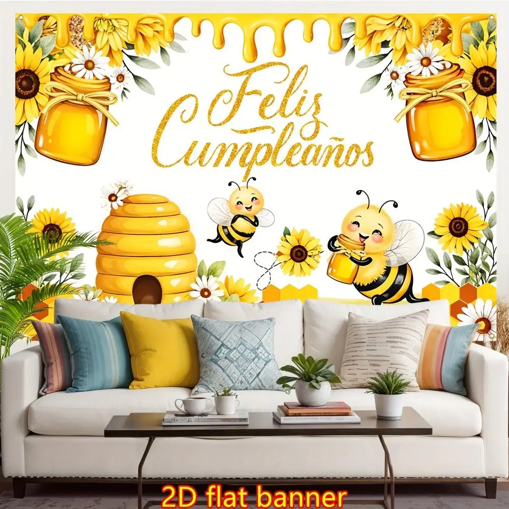 1pc Yellow Polyester 2D Flat Spanish "Feliz Cumpleanos" Wall Decor Banner - Glam Bee Motif, Honeycomb, Sunflower Design Backdrop - Indoor-Outdoor Party Decoration Supplies