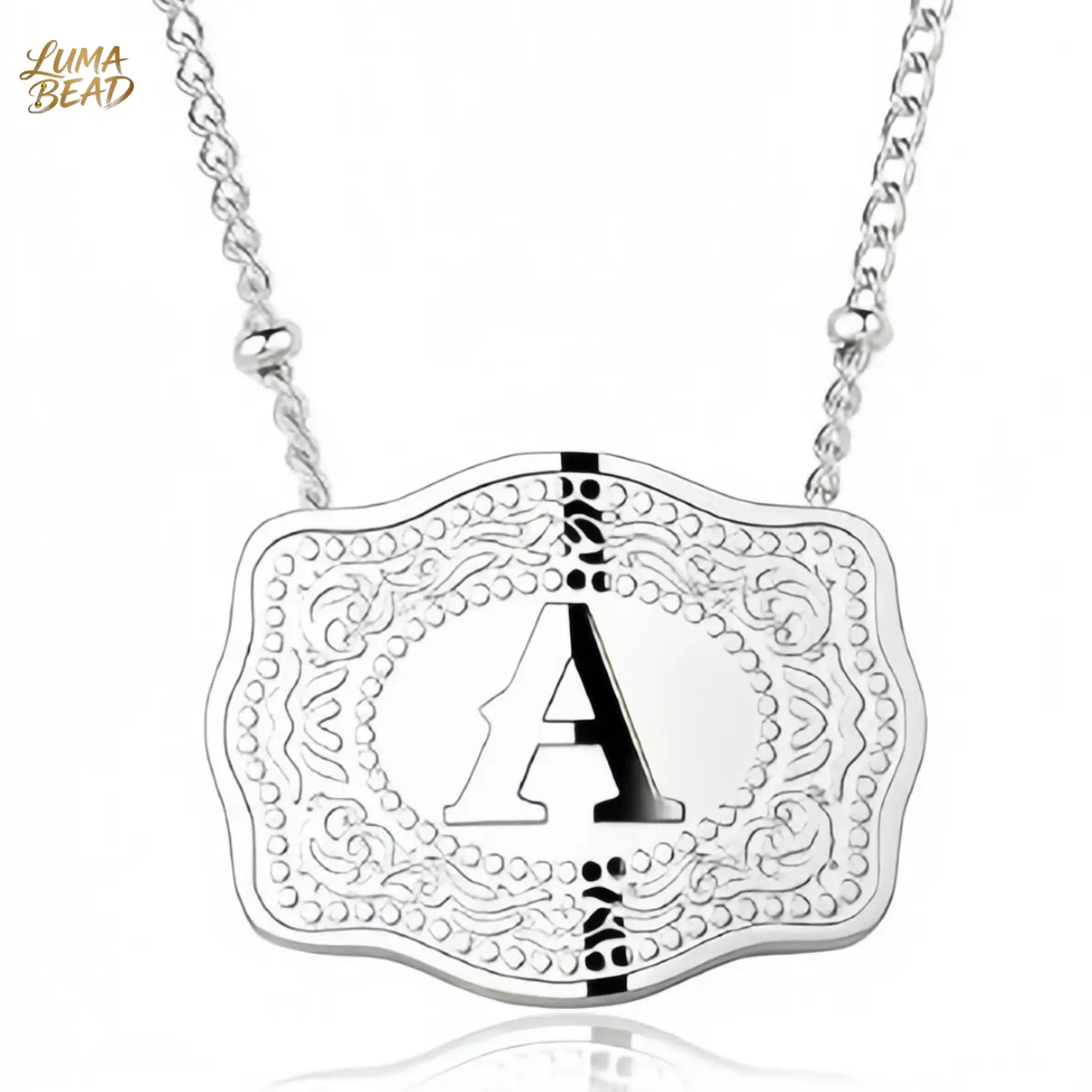Women's Vintage Engraved Initial Letter Pendant Necklace - Rhodium-Plated, Never-Rust Western Belt Buckle Style Personalized Monogram, Fashionable Custom Name Accessory, Anniversary Gift, Silver Alphabet Jewelry, Initial Necklaces, Custom Name Necklaces