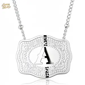 Vintage Engraved Initial Letter Pendant Necklace for Women Rhodium Plated Never Rust Western Belt Buckle Style Personalized Monogram Necklace.