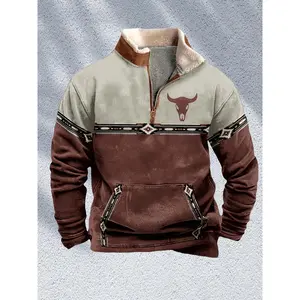 Men's Vintage Western Zip-Up Jacket with Bull Head Print, Black & Tan Design, Stand Collar, Long Sleeve, 1/4 Quarter Zip, Lightweight Polyester Blend, Casual Sporty Style, Outdoor Apparel |       Sporty Zipup |       Fake Finish