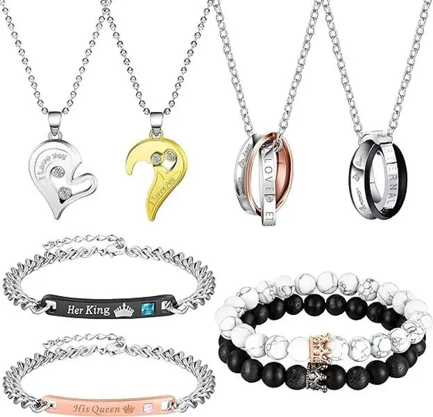 8 Pieces Couples Necklace Bracelet Matching Jewelry Set for Women Men, Her King His Queen I Love You Heart Crown Necklaces Boyfriend Girlfriend for Wedding bridal Gift