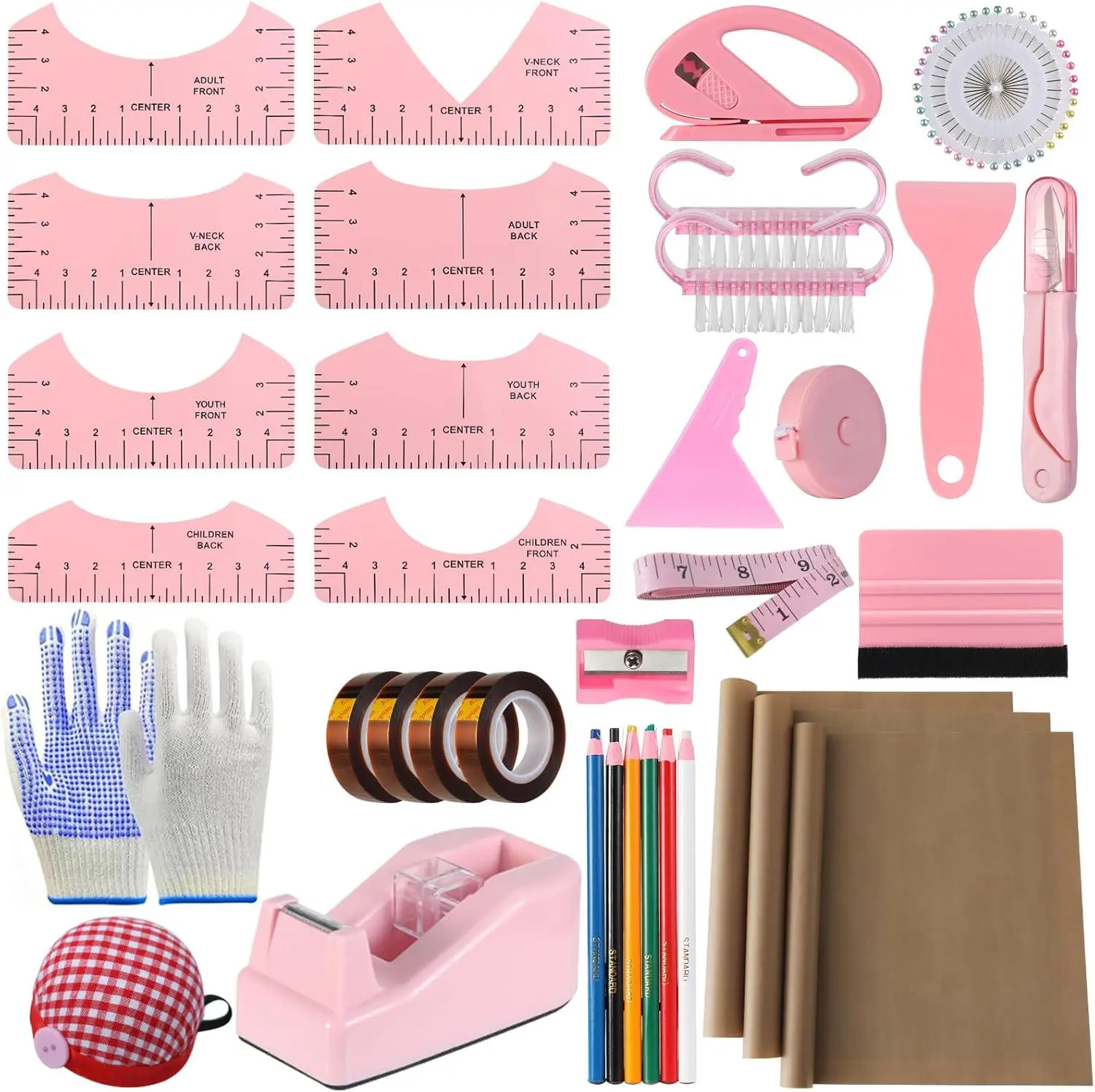 Sublimation Shirts Tool Pink Kit With 8T Shirt rulers, 3Pack Teflon Sheet for Heat Press 12 x 16in, Heat Resistant Gloves & Silicone Bumps, 4Rolls Heat Resistant Tape& Tape Dispenser Sublimation