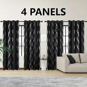 [Dark Heat-insulating Blackout Curtains] Four 84-inch Long Blackout Curtains, Suitable For Bedroom Living Room With Silvery Hot Stamping Wave Pattern Room, Used For Dark Heat-insulating Hole-protecting Curtains, Curtains