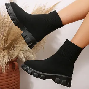 Women's Stretch Knit Ankle Boots Winter Warm Comfortable Chunky Platform Sock Indoor Outdoor Shoes