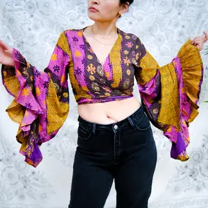 Bohemian Bell Sleeve Flowy Tie Top with Ruffle, 70s Summer Retro Blouse, Flare Sleeve, Gypsy Style, Fairy Boho Goddess Long Sleeve Top, Ruffle Sleeve Blouse