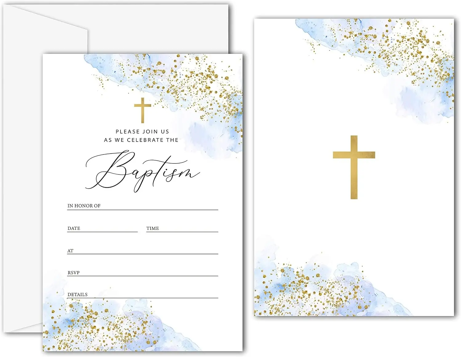 Blue & Gold Baptism Invitation, Baptism Invitations with Envelopes Baptism Invitations for Boy Girl Christening Naming Ceremony Baptismal - 25 Invitation Cards With 25 Envelopes (C05)