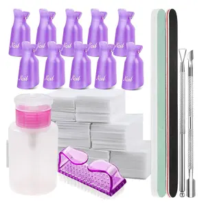Nail Polish Gel Remover Tools Kit with Nail Clips, 150ml Nail Polish Remover Bottle, 500 Nail Remover Cotton Pad, Nail Brush, Cuticle Pusher/Peeler, 100/180 Nail File, Buffer Block, Nail Care