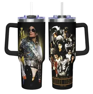 Michael Jackson Tumbler 40oz With Handle, King of Pop Collage Tumbler, MJ Fan Gift, Music Legend Travel Cup, Retro Pop Star Drinkware, Gift for Pop Fans