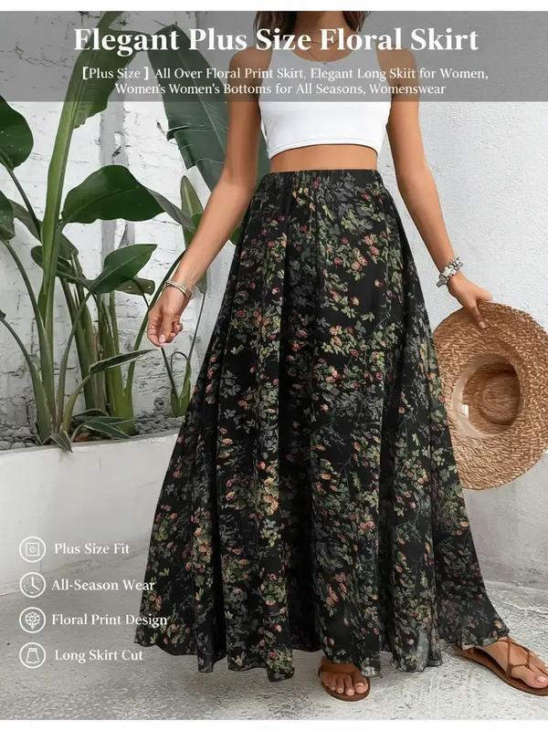【Plus Size】 All Over Floral Print Skirt, Elegant Long Skirt for Women, Women's Bottoms for All Seasons, Womenswear