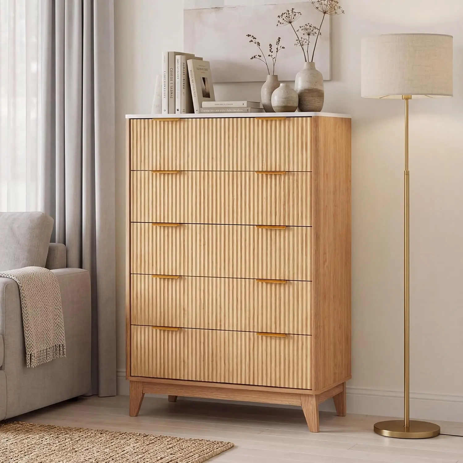 Modern Fluted 5 Drawer Dresser for Bedroom, Wood Vertical Storage Tower with Rounded Corners, Narrow Chest of Drawers for Small Spaces, Living Room, Closet Organization