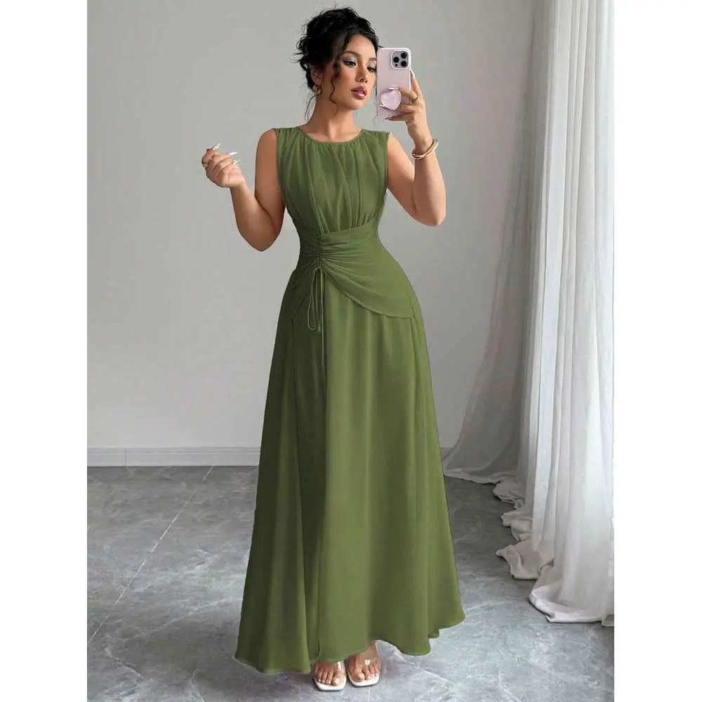 Women's Elegant Olive Green Chiffon Maxi Dress,Summer Sleeveless Round Neck Drawstring Waist Pleated Back Lined Dress For Dining,Beach,Party,Commute