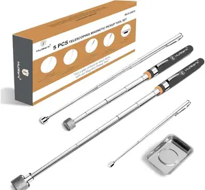 Mulwark 5-Piece Magnetic Pickup Tool Set – Telescoping Magnet Sticks (1.5–15lb) with Rust-Proof Magnetic Tray for Mechanics & Automotive