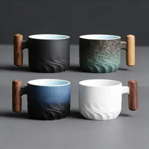2.36oz Ceramic Coffee Mug with Wooden Handle, Reusable Vintage Style, Hand Wash Only, Perfect for Office & Home, Ideal Gift