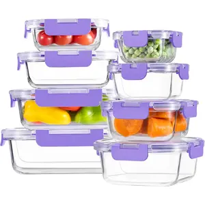 8 Pack Glass Food Storage Containers with Lids, Meal Prep Containers, Airtight Bento Boxes with Leak Proof Locking for Microwave, Oven, Freezer and Dishwasher, BPA Free, 5-35oz, purple