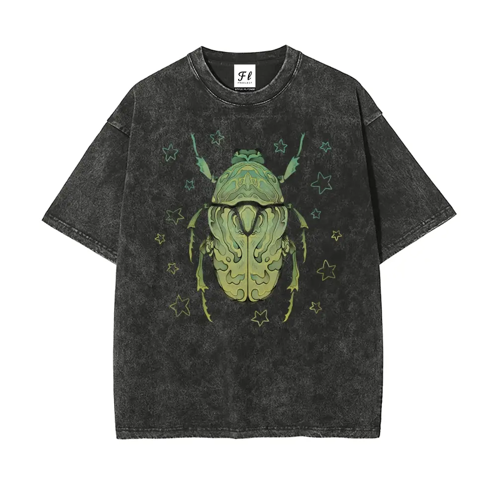 Green Scarab Beetle Oversized Unisex Cut Washed Batik Cotton Short-Sleeve T-Shirt - Men's Casual Streetwear Top, Super Soft Pre-Shrunk, Round Neck, Slight Stretch, Retro Vintage Graphic Clothes