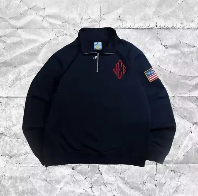 Big Jeff Navy Blue & Red Embroidered Quarter zip fleece jacket with USA Sleeve patch