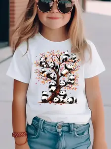 PUEMCO Kids' Cotton Short-Sleeve Cute Cotton Tee - Cute Panda & Autumn Tree Graphic, Casual T Shirts, Animal-Themed Casual Top for Boys & Girls