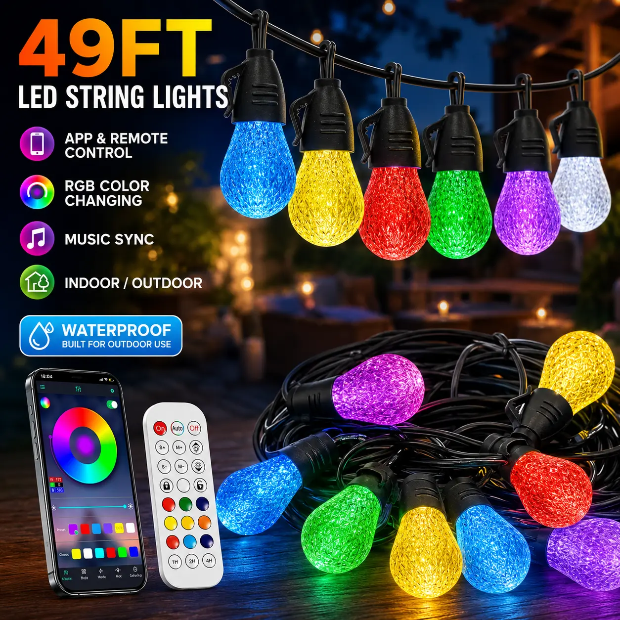 49Ft RGB LED Bulb String Lights, App & Remote Control Outdoor Indoor Decorative Lights, Music Sync, Dimmable Color Changing Lights, 8 Scene Modes for Patio, Garden, Party, Holiday Decor
