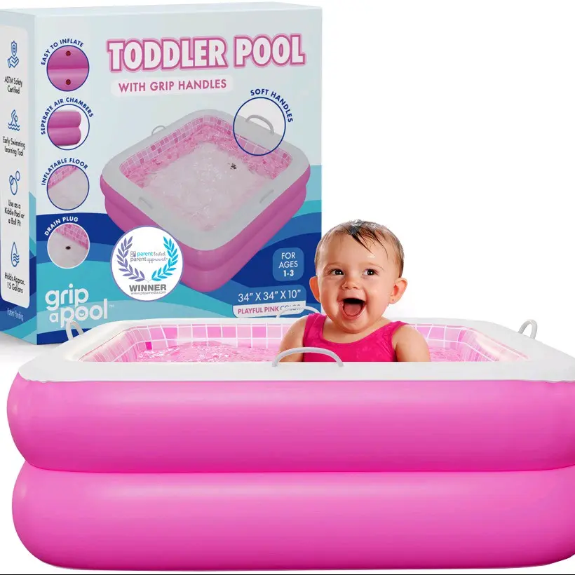Inflatable Pool with Blow Up Padded Floor, Grip Handle Bars and Drain - Skin Safe Small Square Kiddie Pool, Mini Bathtub and Ball Pit for Babies, Infants and Toddlers 1-3, 34" Playful Pink