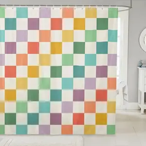 Feelyou Multicolored Checkered Retro Shower Curtain Kids Boys Girls Geometric Vintage Bathroom Waterproof Accessories with 12 Hooks 72x72 Inches Green Yellow Colorful Modern Room Decor