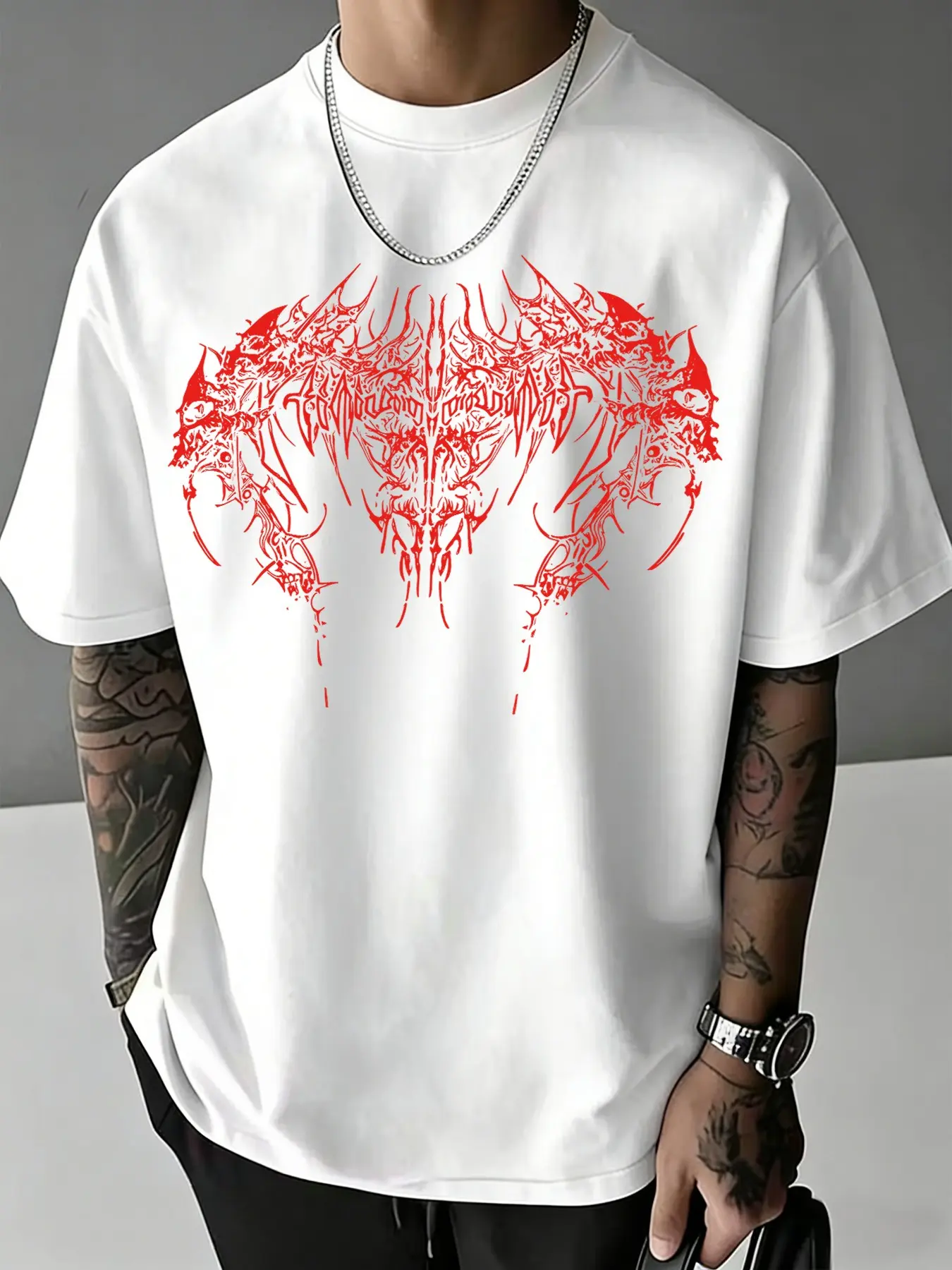Men's Gothic Streetwear Tee with Red Tribal Graphic - Techwear Inspired Darkwear T-Shirt - Premium Oversized Harajuku Style Top - Punk Rock Aesthetic Casual Shirt for Concerts & Rave Menswear