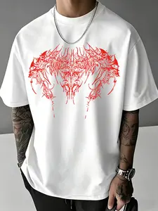 Men's Gothic Streetwear Tee with Red Tribal Graphic - Techwear Inspired Darkwear T-Shirt - Premium Oversized Harajuku Style Top - Punk Rock Aesthetic Casual Shirt for Concerts & Rave Menswear