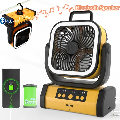 Multifunctional 30000mAh Camping Fan with LED Light, Bluetooth Speaker & Remote, USB-C Rechargeable, for Emergency, Travel, Outdoor, Tent, Home, Office