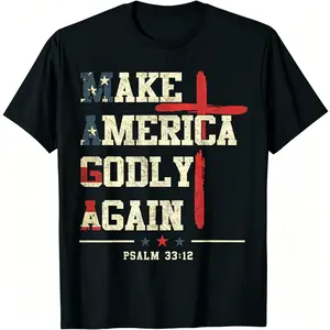 Make America the Land of God Again Christian T-Shirt 33 Poems: 12 Verses and Cross Design with American Flag Colors (Red White Beige)-Men's T-Shirt Cotton Pattern T-Shirt Print Holiday Gifts for Him Funny Fun Popular Wear Rock Fun Clothing