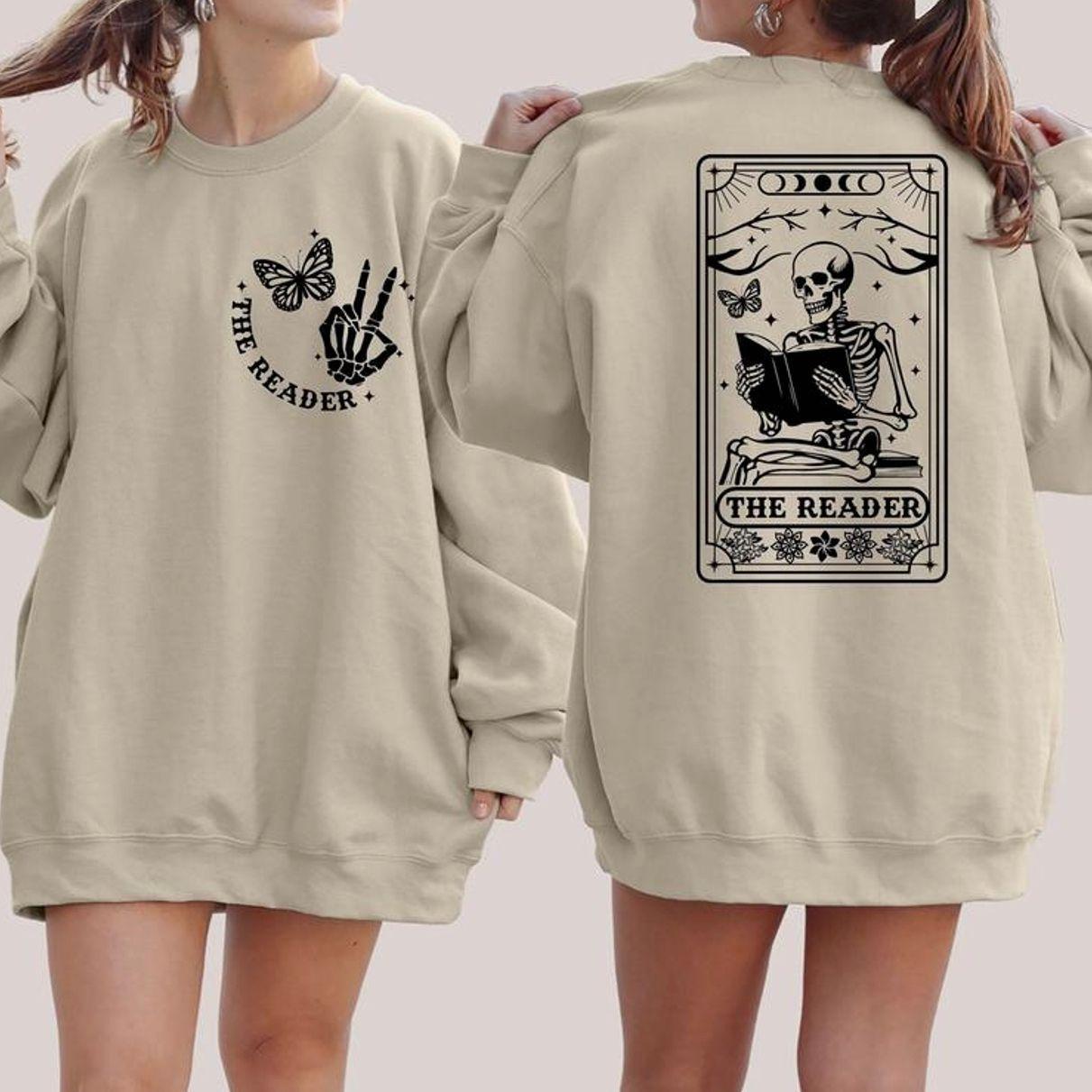The Reader Tarot Card Sweatshirt 2 Sides, Skeleton Reading Sweatshirt Two Sides, Book Lover Gift For Women, Book Lover Sweatshirt, Tarot Card Sweatshirt Front and Back