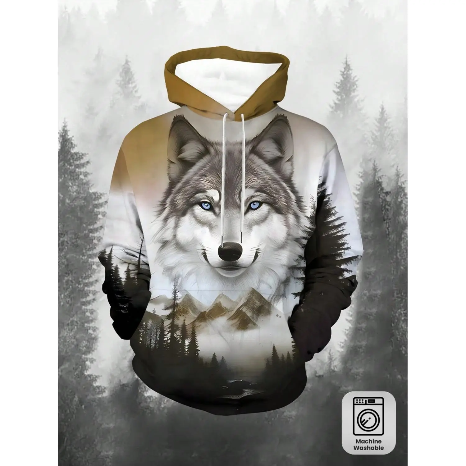 Men's 3D Mountain & Wolf Print Hoodie - Color Block Winter Pullover with Kangaroo Pocket and Drawstring Hood, Perfect for Casual Streetwear & Cold Weather, Machine Washable