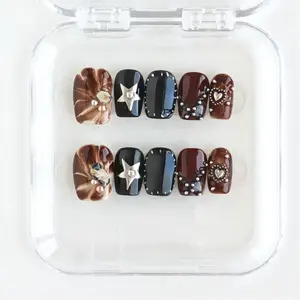 Abyss|10 PCS Short Square Handmade Press On Nails, Brown and Black Retro Rivet Press On Nails, Textured Gradient Star Decoration, Three-Dimensional Metal Polka Dot Elements, Cool and Stylish Street Fashion Nail Set