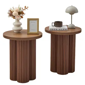 Giratree  Small Sofa Side Table (Optional 2-Piece Set) — Side Table with Fluted Cylindrical Base & Solid Wood Round Nightstand; Rustic-Style Bedside Table/Accent Table Suitable for Living Rooms and Small Spaces