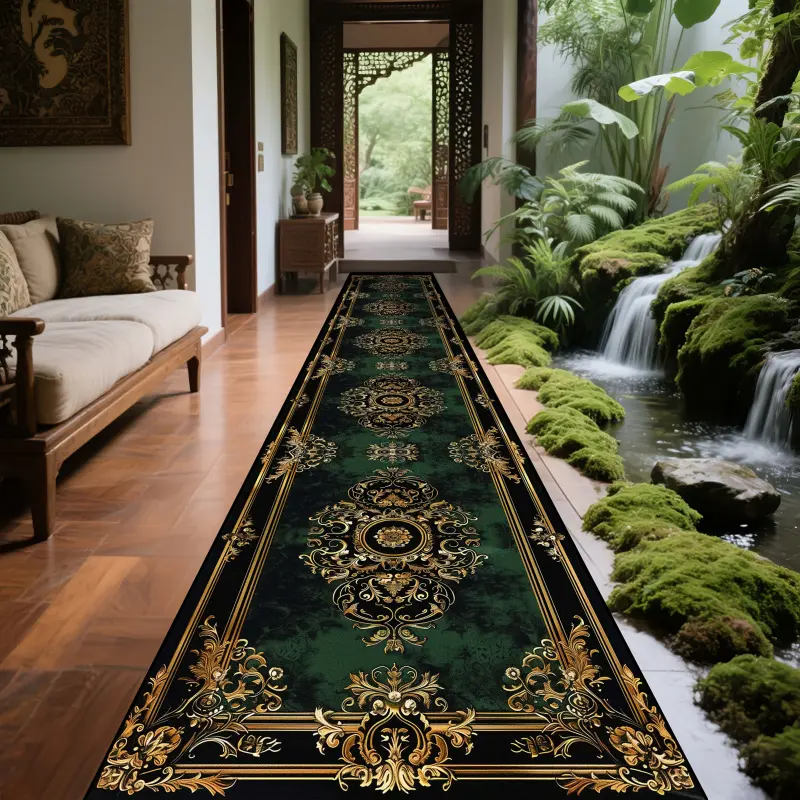 Joyfinity Luxury Vintage Patterned Velvet Rug Runner, 1pc Large Rectangular Dark Green Heavy-Traffic Rubber-Backed Machine Washable Indoor-Outdoor Carpet - Hotel Use, 1.8m+ Length Jumbo Sizes Available, Patterned Area Rug Runners