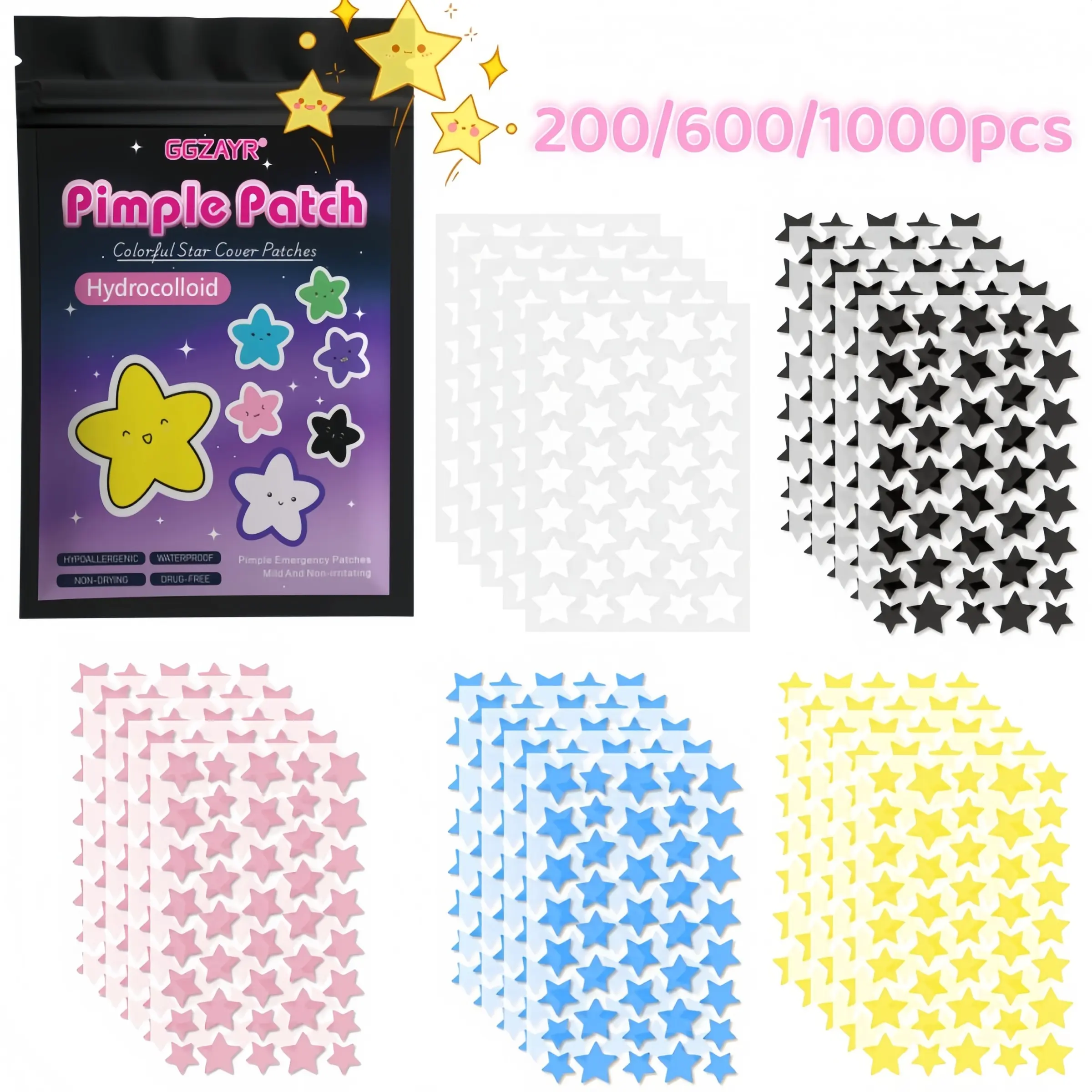 200/600/1000pcs Multi-Color Star Hydrocolloid Acne Patch Set, Deep-Cleansing Blemish Cover Stickers, Cute Star Spot Dots, Mixed Sizes Concealer Patch, Lightweight Invisible Care for All Skin Types, Blemish Patches, Acne Spot Treatment