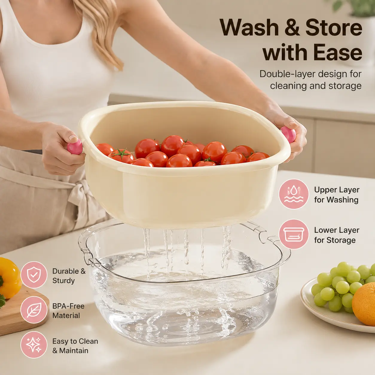 Transparent Double Layer Plastic Colander Strainer Basket Set - 1 Count, Functional Kitchen Utensils with Side Handles, Cover for Washing, Draining Fruits and Vegetables