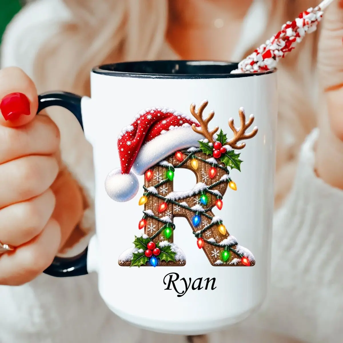 Personalized Christmas Mug, Custom Name Cup, Alphabet Letter Monogram Mug, Christmas Coffee Cup, Secret Santa Presents, Xmas Exchange Gift, 11 15oz Ceramic Cup