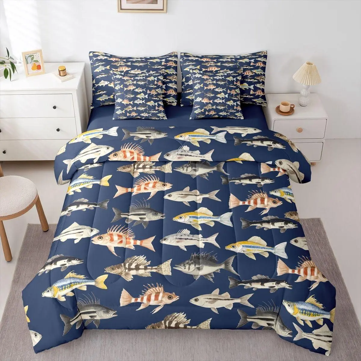 Pike Fish Yellow Blue Boys Kids 7 Piece Bedding Set,| Rustic Farmhouse Comforter Set with Sheets Teens Adults Bed in A Bag Fishing and Hunting Bed Sets