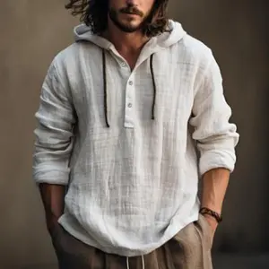 NewCotton and Linen Shirt Hooded Sweater Long Sleeve Hooded Spring and Summer Leisure Daily