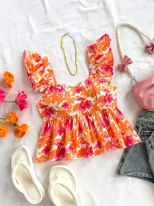 LUSHLACE Floral Print Blouse Cap Sleeve Pink Refreshing Spring Summer