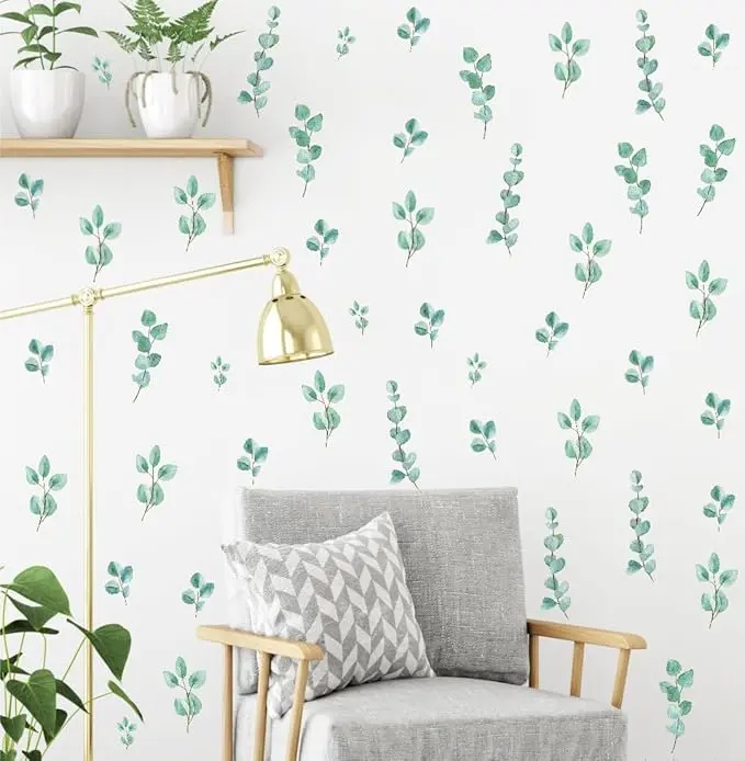 Watercolor Green Leaves Wall Decal, Botanical Leaf Vinyl Wall Stickers, Removable Eucalyptus Leaf Plants Artwork for Bedroom Living Room Decor